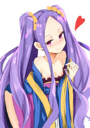 Rule 34 | 1girl, bare shoulders, blush, breasts, chinese clothes, dress, fate/grand order, fate (series), frills, hair ornament, heart, highres, long hair, nipples, purple eyes, purple hair, small breasts, smile, twintails, wu zetian (fate)