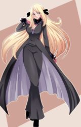 Rule 34 | 00s, 1girl, black coat, black pants, blonde hair, blush, breasts, brown background, cleavage, coat, creatures (company), cynthia (pokemon), eyelashes, fur-trimmed sleeves, fur collar, fur trim, game freak, grey eyes, hair ornament, highres, holding, holding poke ball, large breasts, legs, light smile, lips, long hair, long legs, looking at viewer, miyuki tsukiyono, nintendo, pants, poke ball, pokemon, pokemon dppt, simple background, solo, thigh gap, thighs, very long hair