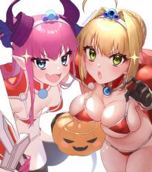 Rule 34 | 2girls, ahoge, armor, bare shoulders, bikini, bikini armor, blonde hair, blue eyes, blush, braid, breasts, cape, cleavage, collarbone, curled horns, elizabeth bathory (brave) (fate), elizabeth bathory (fate), fate/extra, fate/grand order, fate (series), french braid, green eyes, hair between eyes, hair bun, hair intakes, hair ribbon, halloween bucket, highres, horns, large breasts, long hair, looking at viewer, multiple girls, nero claudius (fate), nero claudius (fate) (all), nero claudius (fate/extra), open mouth, pauldrons, pink hair, pointy ears, red bikini, ribbon, shoulder armor, silver trim, single hair bun, small breasts, smile, swimsuit, sword, thighs, tiara, two side up, vambraces, weapon, white cape, yayoi maka