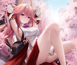 Rule 34 | 1girl, absurdres, armpits, arms behind head, ass, breasts, cherry blossoms, commentary request, detached sleeves, genshin impact, hair between eyes, hair ornament, highres, japanese clothes, knees up, large breasts, long hair, long sleeves, looking at viewer, medium breasts, nontraditional miko, outdoors, pink hair, proverbs zhenyan, purple eyes, sideboob, sidelocks, sitting, sitting on branch, smile, solo, tree, wide sleeves, yae miko