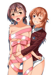 Rule 34 | 2girls, blue eyes, blush, breasts, brown eyes, brown hair, charlotte e. yeager, collarbone, gertrud barkhorn, grin, hair ornament, hair ribbon, highres, hiroshi (hunter-of-kct), hug, long hair, looking at viewer, medium breasts, multiple girls, navel, one eye closed, open mouth, ribbon, simple background, smile, strike witches, twintails, white background, world witches series, wrapped up, yuri