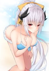 Rule 34 | 1girl, ass, bad anatomy, bad id, bad pixiv id, bare arms, bare legs, beach, bikini, blue bikini, blush, bow, breasts, butt crack, closed mouth, cloud, collarbone, dragon horns, eyes visible through hair, fate/grand order, fate (series), feet out of frame, frilled bikini, frills, front-tie bikini top, front-tie top, hair between eyes, hair ornament, hair ribbon, hand on own chest, highres, horns, kiyohime (fate), kiyohime (fate/grand order), kiyohime (swimsuit lancer) (fate), large breasts, leaning forward, light smile, long hair, looking at viewer, ocean, outdoors, ponytail, red eyes, ribbon, solo, standing, swimsuit, very long hair, water, white hair, yellow bow, yuzuzukushi