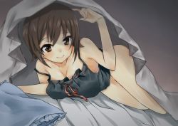 Rule 34 | 10s, 1girl, babydoll, bare shoulders, bed, blanket, blush, breasts, brown eyes, brown hair, cleavage, girls und panzer, highres, hoshimiya nazuna, indoors, lying, nishizumi maho, on side, pillow, ribbon-trimmed underwear, ribbon trim, short hair, smile, solo, under covers, underwear