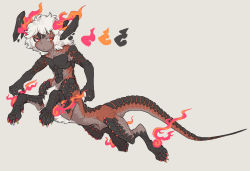Rule 34 | 1boy, beige background, centauroid, claws, cococococo1122, commentary request, dark skin, dragon boy, frown, highres, horns, looking at viewer, monster boy, original, red eyes, scales, taur, white hair