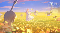 Rule 34 | 1boy, 1girl, animal, anniversary, artist request, cat, cello, chinese commentary, chinese text, clear sky, cloud, commentary request, copyright name, dress, drum, drum set, dusk, faceless, faceless female, field, flower, flower field, gift, hat, highres, holding, holding animal, holding cat, instrument, long hair, momo (miracle nikki), nikki (miracle nikki), official art, piano, pink hair, ribbon, shining nikki, sky, trumpet, white dress, yellow cloak