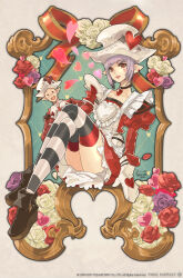 Rule 34 | 1girl, apron, black choker, black thighhighs, boots, border, brown footwear, choker, crossed legs, dated, earrings, elezen, elf, final fantasy, final fantasy xiv, flower, fold-over boots, hat, heart, heart apron, heart choker, highres, ito noizi, jewelry, juliet sleeves, lipstick, lisette de valentione, long sleeves, looking at viewer, makeup, mittens, mole, mole under eye, official art, ornate border, parted lips, picture frame, pointy ears, puffy sleeves, purple flower, purple hair, purple rose, red eyes, red flower, red lips, red rose, rose, short hair, signature, sitting, smile, solo focus, striped clothes, striped thighhighs, thighhighs, valentine, white apron, white flower, white mittens, white rose