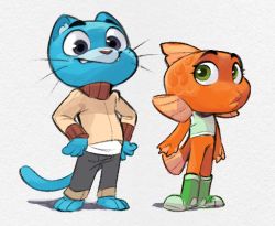 Rule 34 | 2boys, animal ears, cat, cat ears, cat tail, darwin watterson, fish, fish boy, furry, furry male, goldfish, gumball watterson, lowres, marc knelsen, multiple boys, simple background, sweater, tail, the amazing world of gumball, turtleneck, turtleneck sweater