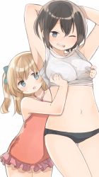 Rule 34 | 2girls, ;d, arms behind head, arms up, bad id, bad twitter id, black panties, blonde hair, blue eyes, blush, grabbing another&#039;s breast, breasts, brown hair, collarbone, criss-cross halter, eyebrows, fang, flat chest, frilled swimsuit, frills, grabbing, grey shirt, halterneck, head tilt, height difference, highres, long hair, looking at viewer, medium breasts, multiple girls, murakami meishi, navel, one-piece swimsuit, one eye closed, one side up, open mouth, original, panties, red one-piece swimsuit, shirt, short hair, siblings, simple background, sisters, smile, standing, sweatdrop, swimsuit, thigh gap, underwear, white background