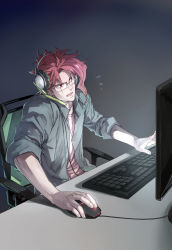 Rule 34 | 1boy, absurdres, alternate costume, bad id, bad pixiv id, blouse, casual, collared shirt, computer, cradling phone, dated, headphones, highres, jacket, jojo no kimyou na bouken, kakyoin noriaki, keyboard, keyboard (computer), linjie, male focus, mouse (computer), open clothes, open shirt, red eyes, red hair, shirt, sleeves rolled up, solo
