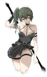 Rule 34 | 1girl, absurdres, arm behind back, armpits, bad arm, bare arms, bare legs, belt, black belt, black choker, breasts, choker, cleavage, closed mouth, collarbone, cropped legs, dress, floating, green hair, grey dress, hair between eyes, highres, looking at viewer, mangpum (taro109210), medium breasts, polearm, purple eyes, side ponytail, simple background, smile, solo, sousou no frieren, thigh strap, thighs, ubel (sousou no frieren), weapon, white background