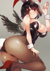 Rule 34 | 1girl, animal ears, ass, bare arms, bare shoulders, black hair, black leotard, black wings, blush, breasts, brown pantyhose, commentary request, fake animal ears, fake tail, feathered wings, feet out of frame, grey background, hand up, high heels, highres, ken (coffee michikusa), large breasts, leotard, looking at viewer, pantyhose, playboy bunny, rabbit ears, rabbit tail, red eyes, red footwear, shameimaru aya, short hair, simple background, smile, solo, strapless, strapless leotard, tail, thighs, touhou, wings, wrist cuffs