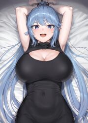 Rule 34 | 1girl, absurdres, armpits, arms up, bed sheet, black dress, blue eyes, blue hair, blush, bound, bound wrists, breasts, character request, cleavage, cleavage cutout, clothing cutout, commentary, commission, copyright request, covered navel, cuffs, dress, english commentary, from above, goback, hair bun, handcuffs, highres, large breasts, long hair, looking at viewer, looking back, lying, on back, open mouth, smile, solo, sweatdrop, taut clothes, taut dress, teeth, tongue, very long hair