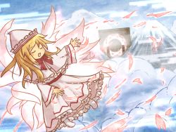 Rule 34 | 1girl, akihiyo, blonde hair, blush stickers, cloud, dress, closed eyes, fairy wings, female focus, lily white, mountain, open mouth, outdoors, sky, solo, touhou, wings