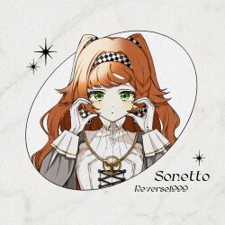 Rule 34 | 1girl, :o, border, character name, checkered hairband, copyright name, dress, gloves, green eyes, grey sleeves, hands up, haruhana aya, high collar, highres, long hair, looking at viewer, orange hair, outside border, oval, reverse:1999, solo, sonetto (reverse:1999), star (symbol), two side up, upper body, white background, white dress, white gloves