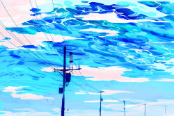 Rule 34 | 1girl, abstract, abstract background, absurdres, arm support, blue sailor collar, blue skirt, blue sky, cable, chinese commentary, clothes lift, cloud, hair lift, highres, miniskirt, ocean, original, sailor collar, scenery, school uniform, serafuku, shirt, short hair, short sleeves, skirt, skirt lift, sky, socks, solo, standing, underwater, utility pole, white shirt, wind, wind lift, ya yan