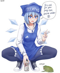 Rule 34 | 1girl, adidas, animal, beer can, blue eyes, blue hair, can, cigarette, cirno, cyrillic, drink can, frog, hat, highres, ice, ice wings, leggings, long sleeves, nail polish, pan-ooh, pantyhose, shoes, slav squatting, speech bubble, squatting, touhou, western spy squatting, wings