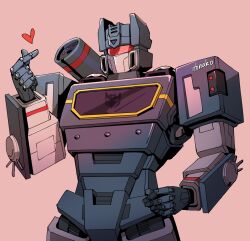 Rule 34 | artist name, assault visor, bad id, bad tumblr id, commentary, decepticon, finger heart, heart, itonako, leaning back, mecha, no humans, pink background, robot, science fiction, shoulder cannon, simple background, soundwave (transformers), symbol-only commentary, the transformers (idw), transformers, upper body