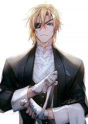 Rule 34 | 1boy, black jacket, black suit, black vest, blonde hair, blue eyes, closed mouth, danhu, dimitri alexandre blaiddyd, eyepatch, fire emblem, fire emblem: three houses, formal, frown, gloves, hair between eyes, hand wraps, holding, holding clothes, holding gloves, jacket, long sleeves, looking at viewer, male focus, medium hair, nintendo, one eye covered, shirt, signature, simple background, single glove, sleeve cuffs, solo, suit, upper body, vest, white background, white gloves, white shirt