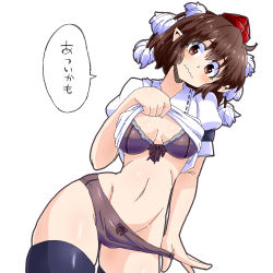 Rule 34 | 1girl, aono3, bra, breasts, brown eyes, brown hair, cleavage, clothes lift, curvy, dutch angle, groin, hat, highres, hip focus, midriff, navel, no pants, panties, panty pull, pointy ears, pom pom (clothes), shameimaru aya, shirt lift, short sleeves, simple background, skindentation, solo, speech bubble, thighhighs, tokin hat, touhou, underwear, wavy mouth, white background, wide hips