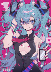 Rule 34 | 1girl, absurdres, arm tattoo, bare arms, belt, black bow, black shirt, blue eyes, blue hair, bow, bracelet, breasts, cellphone, cleavage, closed mouth, collared shirt, commentary request, hair bow, hand up, hatsune miku, heart, highres, holding, holding phone, jewelry, long hair, looking at viewer, medium breasts, necktie, partially unbuttoned, phone, pink background, purple necktie, shirt, simple background, sleeveless, sleeveless shirt, smartphone, smile, solo, taowu (20809), tattoo, twintails, upper body, vocaloid