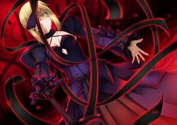 Rule 34 | 1girl, armor, armored dress, artoria pendragon (fate), black dress, black ribbon, blonde hair, breasts, character cutout, choker, cleavage, collar, dress, dutch angle, excalibur morgan (fate), fate/stay night, fate (series), frown, gamiani zero, hand on hilt, highres, long sleeves, looking at viewer, medium breasts, ribbon, saber alter, short hair, shrug (clothing), sidelocks, solo, standing, yellow eyes