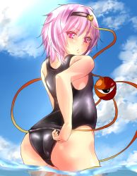 Rule 34 | 1girl, adjusting clothes, adjusting swimsuit, alternate costume, arm at side, ass, bad id, bad pixiv id, bare shoulders, cloud, cloudy sky, day, from behind, fujimori tonkatsu, hair between eyes, hairband, highres, komeiji satori, looking at viewer, old school swimsuit, one-piece swimsuit, partially submerged, pink eyes, pink hair, pouty lips, school swimsuit, shiny clothes, short hair, sky, solo, swimsuit, third eye, touhou, wading