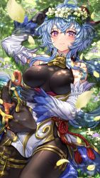 Rule 34 | absurdres, ahoge, bare shoulders, bell, black gloves, blue hair, blush, breasts, chinese knot, detached sleeves, flower, flower knot, ganyu (genshin impact), genshin impact, gloves, gold trim, grass, hair flower, hair ornament, highres, horns, long hair, looking at viewer, lying, medium breasts, neck bell, nyamaso, on back, petals, purple eyes, qingxin flower, rex lapis (genshin impact), sidelocks, smile, solo, tassel, thighlet, vision (genshin impact), white flower, white sleeves
