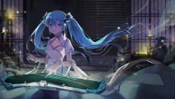 Rule 34 | 1girl, blurry, bracelet, candlestand, cowboy shot, dark, depth of field, dress, floating hair, hair between eyes, hatsune miku, indoors, jewelry, long hair, see-through, shadowsinking, solo, twintails, very long hair, vocaloid, window blinds