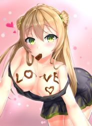 Rule 34 | 1girl, black dress, blonde hair, blush, body writing, bow, breasts, breasts apart, chocolate, chocolate on body, chocolate on breasts, collarbone, commentary request, covered erect nipples, double bun, dress, english text, food on body, food writing, girls&#039; frontline, gmkj, gradient background, green bow, green eyes, hair between eyes, hair bow, hair bun, heart, highres, leaning forward, long hair, looking at viewer, mouth hold, outstretched arms, rfb (girls&#039; frontline), solo, strap slip, valentine