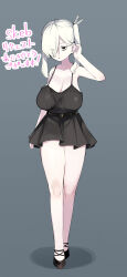 Rule 34 | 1girl, absurdres, arm up, bags under eyes, bare shoulders, belt, black dress, black eyes, breasts, commission, dress, full body, hair over one eye, highres, large breasts, looking at viewer, original, parted lips, sagging breasts, sleeveless, sleeveless dress, solo, titi titi, twintails, white hair