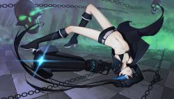 Rule 34 | 10s, 1girl, bikini, bikini top only, black hair, black rock shooter, black rock shooter (character), blue eyes, boots, chain, checkered floor, foreshortening, glowing, glowing eyes, highres, long hair, midriff, navel, pale skin, parted lips, rekaerb maerd, scar, shorts, solo, swimsuit, thigh boots, thighhighs, twintails, upside-down, weapon