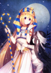 Rule 34 | 2girls, :d, ^ ^, ankh, arms around waist, bandages, black hair, blonde hair, bracelet, choker, closed eyes, egyptian clothes, eye of horus, closed eyes, gem, gold, hair between eyes, halloween, halloween costume, highres, holding, holding staff, hug, jewelry, long hair, looking at another, midriff, moon, multiple girls, mummy costume, naked bandage, nemes, open mouth, orange hair, original, short hair, sky, smile, staff, star (sky), starry sky, very long hair, yun (outsidey)