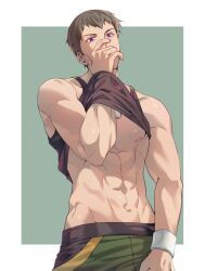 Rule 34 | 1boy, abs, armband, bara, bare pectorals, brown hair, brown tank top, clothes lift, ddingdong77, hand on own face, hand under clothes, highres, male focus, muscular, muscular male, nipples, original, pants, pectorals, purple eyes, shirt lift, short hair, sideburns, simple background, solo, tank top