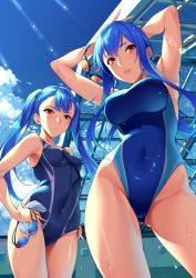 Rule 34 | 2girls, arms behind head, blue hair, blue sky, blue one-piece swimsuit, breasts, cloud, commentary request, competition swimsuit, cowboy shot, day, goggles, unworn goggles, hand on own hip, large breasts, long hair, looking at viewer, minori (sugarbeat), multiple girls, one-piece swimsuit, original, outdoors, parted lips, red eyes, rooftop, sidelocks, sky, sugarbeat, unworn swim cap, swimsuit, twintails, yukari (sugarbeat)