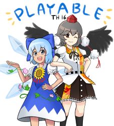 Rule 34 | 2girls, :d, ;), arm on another&#039;s shoulder, black hair, black socks, black wings, blue dress, blue eyes, blue hair, cirno, dress, english text, fairy wings, flower, gradient ray, hat, hidden star in four seasons, highres, ice, ice wings, kneehighs, leaf print, multiple girls, one eye closed, open mouth, pom pom (clothes), puffy short sleeves, puffy sleeves, red eyes, ribbon, shameimaru aya, shirt, short hair, short sleeves, skirt, smile, socks, sunflower, tan, tanned cirno, text focus, tokin hat, touhou, upper body, wings