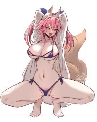 Rule 34 | 1girl, animal ear fluff, bikini, blue bikini, blush, breasts, fang, fate/extra, fate (series), female pubic hair, fox girl, full body, highres, large breasts, long hair, navel, open mouth, pink hair, pubic hair, simple background, smile, solo, squatting, swimsuit, tamamo (fate), tamamo no mae (fate/extra), thighs, white background, wisespeak, yellow eyes