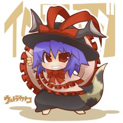 Rule 34 | 1girl, barefoot, bow, clenched teeth, crossover, eleking, fusion, gurageida, hat, horns, nagae iku, no nose, pointing, purple hair, red eyes, ribbon, saturday night fever, shawl, short hair, skirt, solo, tail, tears, teeth, touhou, translated, ultra series, ultraseven (series)