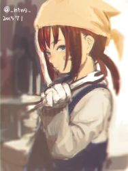 Rule 34 | 1girl, bandaid, bandaid on face, bandana, blue eyes, brown hair, dated, female focus, gloves, hantsuki (ichigonichiya), highres, holding, holding wrench, low twintails, mechanic, original, overalls, solo, twintails, upper body, white gloves, wrench