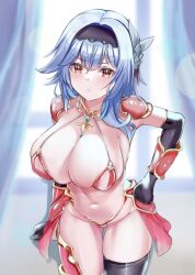 Rule 34 | 1girl, alternate costume, armor, backlighting, bikini armor, black gloves, black hairband, black thighhighs, blue hair, blurry, blurry background, breasts, butterfly hair ornament, cleavage, closed mouth, collar, curtains, elbow gloves, eula (genshin impact), genshin impact, gloves, gradient eyes, hair between eyes, hair ornament, hairband, hand on own hip, highres, indoors, kanesada dp, large breasts, leaning forward, long hair, looking at viewer, metal collar, multicolored eyes, navel, purple eyes, red armor, revealing clothes, shoulder armor, single thighhigh, solo, thighhighs, undersized clothes, vambraces, waist cape, window