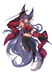 Rule 34 | 1girl, :d, absurdly long hair, animal ears, armpits, bare shoulders, barefoot, bell, black gloves, black hair, black pants, breasts, detached sleeves, dual wielding, erune, floating hair, full body, gloves, granblue fantasy, highres, holding, holding sword, holding weapon, jingle bell, katana, large breasts, leg up, long hair, looking at viewer, midriff, navel, obi, open mouth, pants, red eyes, red shirt, sash, shirt, signature, simple background, smile, solo, swd3e2, sword, very long hair, weapon, white background, wide sleeves, yuel (granblue fantasy)