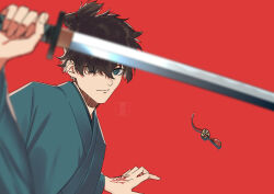 Rule 34 | 1boy, blue eyes, blue kimono, blurry, brown hair, closed mouth, command spell, depth of field, expressionless, fate/samurai remnant, fate (series), hand up, hiiragi (karashriker), holding, holding sword, holding weapon, japanese clothes, katana, kimono, long sleeves, looking at viewer, male focus, miyamoto iori (fate), red background, red tassel, short hair, signature, simple background, solo, sword, tassel, topknot, upper body, weapon