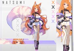 Rule 34 | 1girl, animal ear fluff, animal ears, artist name, black footwear, black gloves, boots, breasts, cleavage, commentary, commission, crop top, cross-laced footwear, ear piercing, english commentary, fingerless gloves, fishnet thighhighs, fishnets, fox ears, fox girl, fox tail, gloves, hair ornament, hairclip, highres, hyanna-natsu, jacket, lace-up boots, pantyhose under shorts, long hair, long sleeves, looking at viewer, medium breasts, midriff, multiple views, navel, off shoulder, open clothes, open jacket, orange hair, original, pantyhose, parted lips, piercing, puffy long sleeves, puffy sleeves, purple eyes, short shorts, shorts, single leg pantyhose, single thighhigh, smile, standing, standing on one leg, swept bangs, tail, thighhighs, very long hair, white jacket, white shorts, white thighhighs