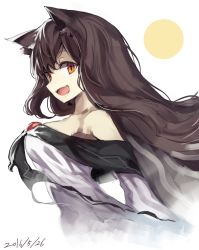 Rule 34 | 10s, 1girl, 2016, :d, animal ears, armpits, bad id, bad pixiv id, bare shoulders, breasts, brooch, brown hair, dated, dress, fox ears, gem, highres, imaizumi kagerou, jewelry, large breasts, looking at viewer, off-shoulder dress, off shoulder, open mouth, orange eyes, red gemstone, simple background, smile, solo, suminagashi, touhou, upper body, white background, white dress, wolf ears
