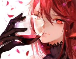Rule 34 | 1girl, alcohol, black gloves, cup, drinking glass, gloves, joseph lee, lens flare, long hair, looking at viewer, petals, pixiv fantasia, pixiv fantasia t, portrait, red eyes, red hair, red queen (pixiv fantasia), solo, wine, wine glass