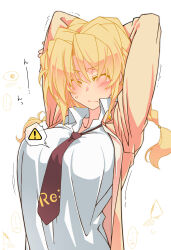 Rule 34 | ..., 1girl, arms behind head, between breasts, blonde hair, blush, braid, breasts, brown jacket, closed eyes, collarbone, collared shirt, hair between eyes, highres, jacket, kaitou reiko, large breasts, long hair, loose necktie, low twintails, necktie, necktie between breasts, open clothes, open jacket, original, oteruko (wanabeee), shirt, sign, staring, stretching, sweat, twin braids, twintails, uniform, upper body, warning sign, white shirt
