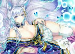 Rule 34 | 1girl, absurdres, animal ear fluff, animal ears, azur lane, bare shoulders, blue butterfly, breasts, bug, butterfly, cleavage, clothes pull, collarbone, fox ears, fox tail, grey eyes, highres, huge breasts, insect, japanese clothes, kimono, kitsune, long hair, looking at viewer, lying, multiple tails, off shoulder, on side, pleated skirt, purple kimono, shinano (azur lane), signature, silver hair, skindentation, skirt, skirt pull, solo, tail, thighhighs, thighs, traditional media, whipberry, white skirt, white thighhighs, wide sleeves