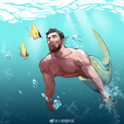 Rule 34 | 1boy, bara, chest hair, completely nude, fins, fish, full body, head fins, large pectorals, male focus, mature male, merman, monster boy, muscular, muscular male, nipples, nude, original, pectorals, short hair, smile, solo, sunlight, underwater, xiaolumiaoliya