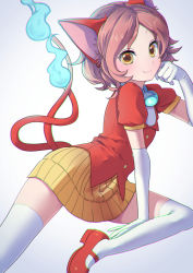 Rule 34 | 10s, 1girl, animal ears, cat ears, cat tail, chromatic aberration, elbow gloves, flame-tipped tail, gloves, jibanyan, multiple tails, personification, pimgier, puffy short sleeves, puffy sleeves, short hair, short sleeves, skirt, solo, tail, thighhighs, two tails, white gloves, white thighhighs, yellow eyes, youkai watch