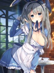 Rule 34 | 1girl, animal ears, apron, black pantyhose, blue eyes, blush, breast slip, breasts, breasts out, contrapposto, cup, dengeki moeou, fake animal ears, grey hair, hair censor, hair over breasts, hairband, highres, indoors, leaning forward, long hair, looking at viewer, maid headdress, medium breasts, mishima kurone, mouth hold, naughty face, open clothes, pantyhose, rabbit ears, ribbon, ribbon in mouth, scan, smile, solo, standing, strap slip, teacup