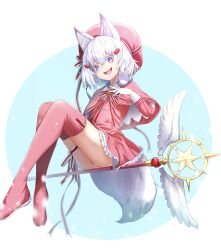 Rule 34 | 1girl, absurdres, animal ears, boots, capelet, cardcaptor sakura, commentary request, commission, cosplay, dress, fox ears, fox girl, fox tail, grey hair, hat, hat ribbon, highres, kinomoto sakura, kinomoto sakura (cosplay), m.tokotsu, magical girl, neck ribbon, open mouth, panties, panty peek, petticoat, phase connect, pink capelet, pink dress, pink footwear, pink hat, pink panties, pixiv commission, purple eyes, red ribbon, ribbon, short hair, sitting, smile, solo, tail, tenma maemi, theo (tenma maemi), thigh boots, underwear, virtual youtuber, wand